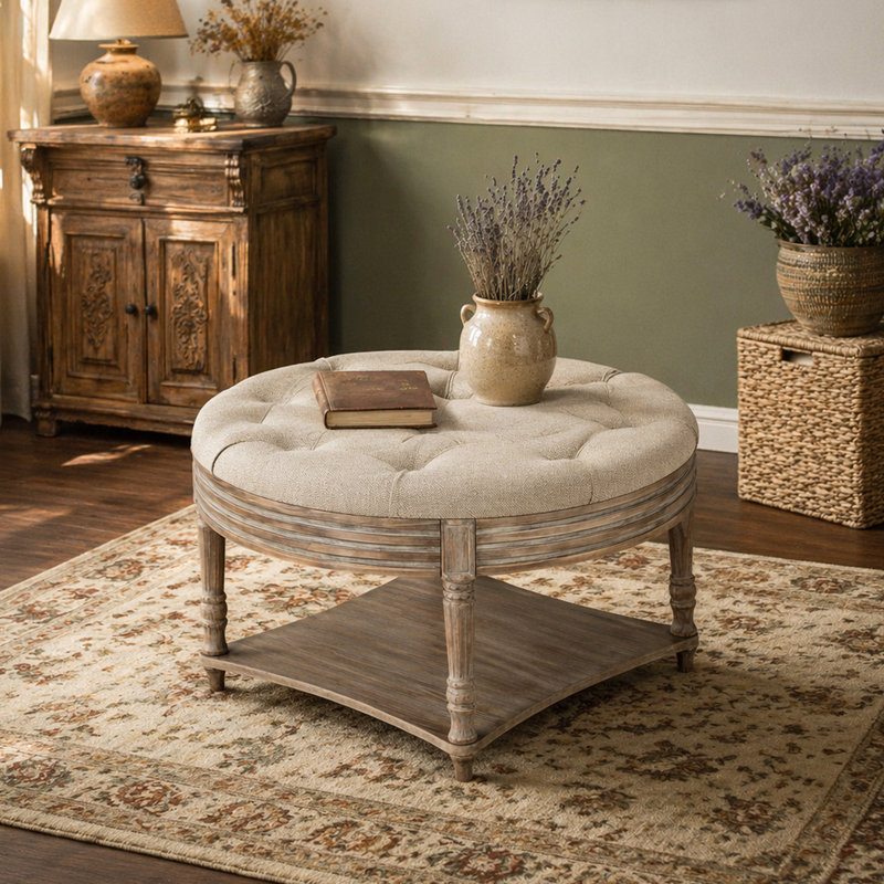 Round Tufted Upholstered Fabric Ottoman