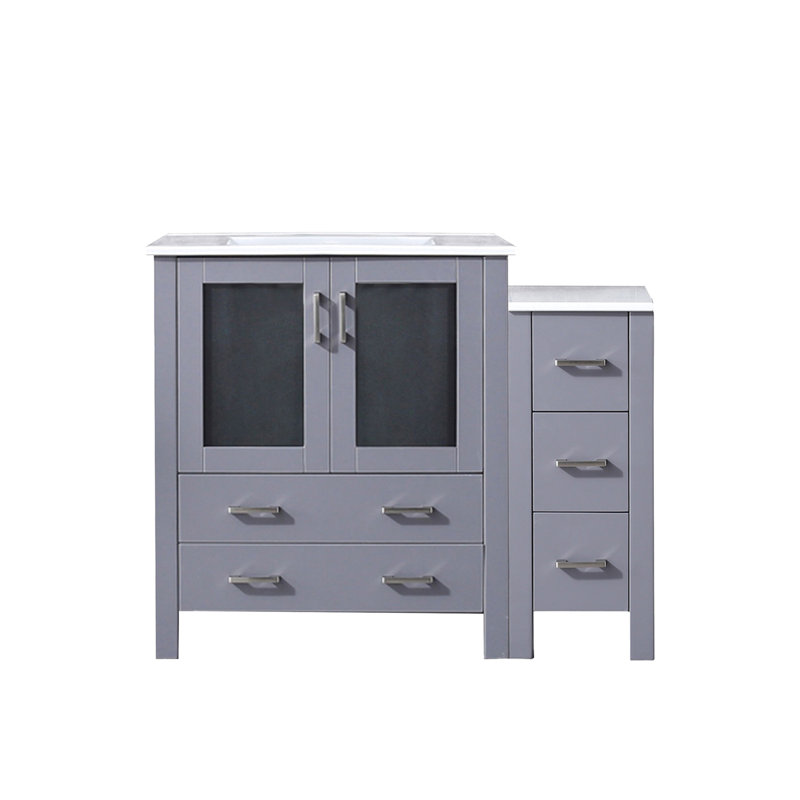 Meuble-lavabo simple gris foncé 42 po W avec armoire latérale, plateau en céramique, structure en bois massif, tiroirs à fermeture douce, une armoire intérieure et cinq tiroirs pour le rangement, teinture Scratch
