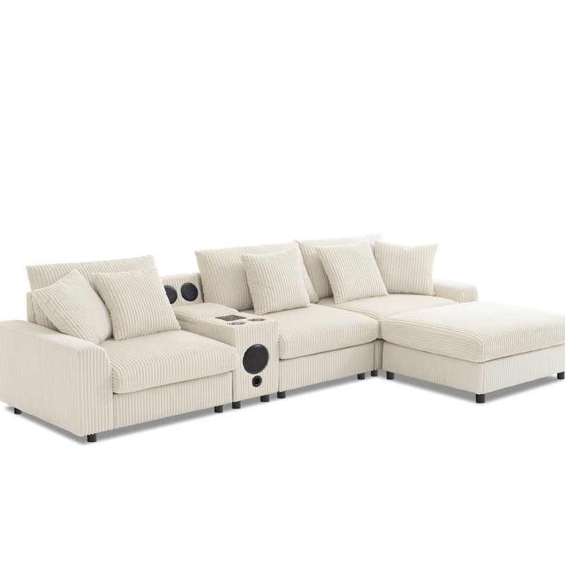 Espace de vie en velours côtelé, porte-gobelets, rangement, hauteur de bras 21 po, canapé modulaire crème, capacité de poids de 330 lb,