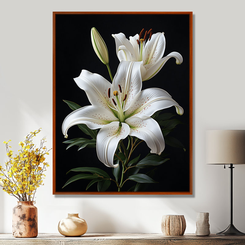 «Black White Lily Exquis II» - lys, impressions sur toile, H 32 po x l 16 po x P 1 po, Cadre flottant brun