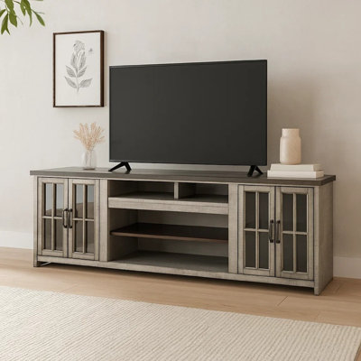 Zeka TV Media Console, 98 Inch W 2 Glass Cabinets, Wood by Benjara