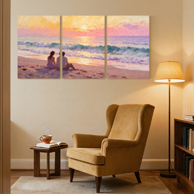 Plage, coucher de soleil, couple, océan, vagues du ciel, ensemble de 3 impressions sur toile, H 18 po x l 36 po