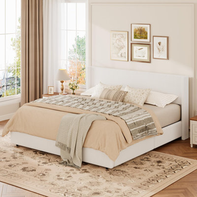 King Size Bed Frame with Lift Up Storage, Corduroy Upholstered Platform Bed with Wingback Headboard, Solid Wooden Slats, No Box Spring Needed, Hydraulic Support, White