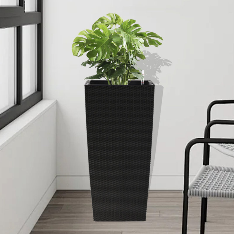 Single Square Planter, Plastic Planter For Home And Garden, 30.12" H x 15.35" W x 15.35" D, Black