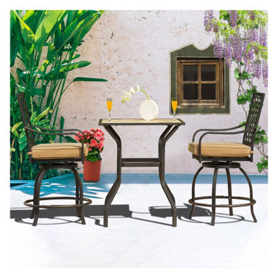 Outdoor Living 3-Piece Patio Bar Set with Swivel Stools & Square Bistro Table - Khaki Cushion Metal Garden Furniture