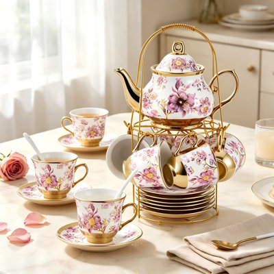 20 pièces Service à thé en porcelaine avec support en métal et cuillère Service à thé en céramique pour adulte Tasse à thé avec peinture européenne