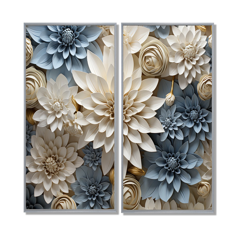 «Simplicity Mums Bloom» en beige et bleu pâle II - art mural grand maman, 40" H x 40" W, Impression encadrée flottante