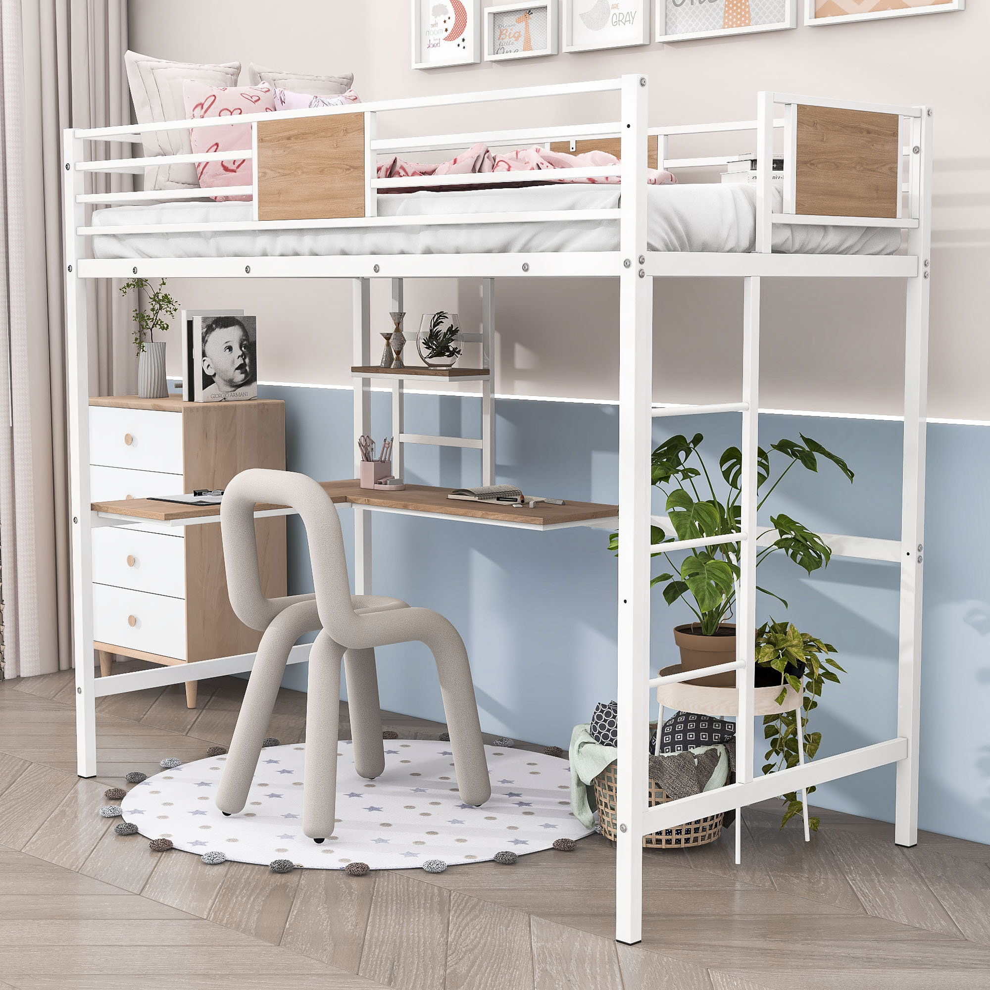 White metal loft outlet bed with desk