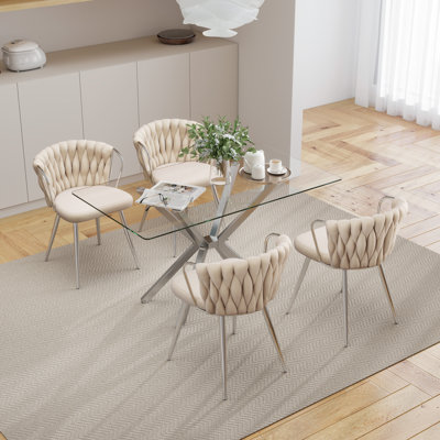 Modern 47.24-Inch Rectangular Glass Dining Table Set With Velvet-Upholstered Armchairs, Space-Saving Dining Furniture Set For Dining Rooms, Kitchens, Breakfast Nooks, Small Spaces, And Apartments
