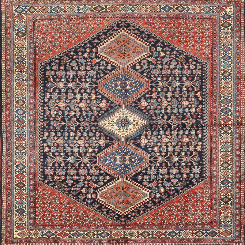 Tapis oriental en laine / polyester beige / gris / rouge tissé à la machine, Rond 6 pi