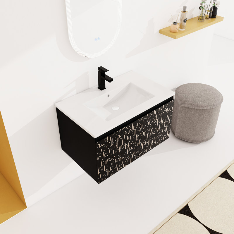 Meuble-lavabo de salle de bain avec lavabo en céramique - Unité de certitude de porte d'armoire moderne à fermeture en douceur noire de 30 po