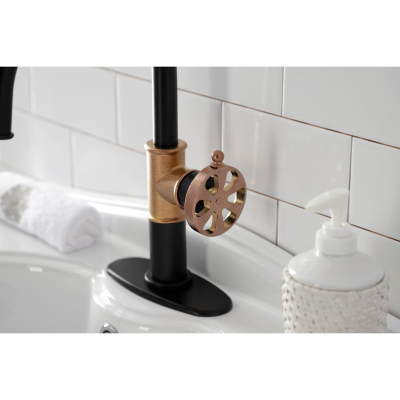 Kingston Brass Belknap Single-Handle 1-Hole Deck Mount Bathroom Faucet with Push Pop-Up and Deck Plate, Matte Black/Rose Gold