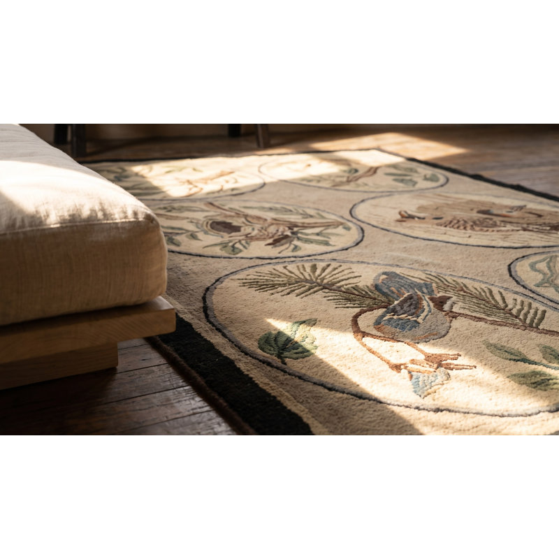 Antique American Folk Art Naturalist Design Hooked Bird Rug