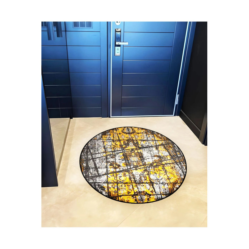 Yellow Beige Black Line Detailed Antique Pattern Woven Base Modern Decorative Carpet, Round 4'
