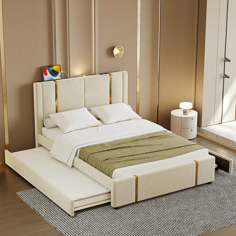 Grand lit tapissier avec lit gigogne et 2 tiroirs, lit plateforme moderne avec décoration dorée, veilleuse et chargeur USB