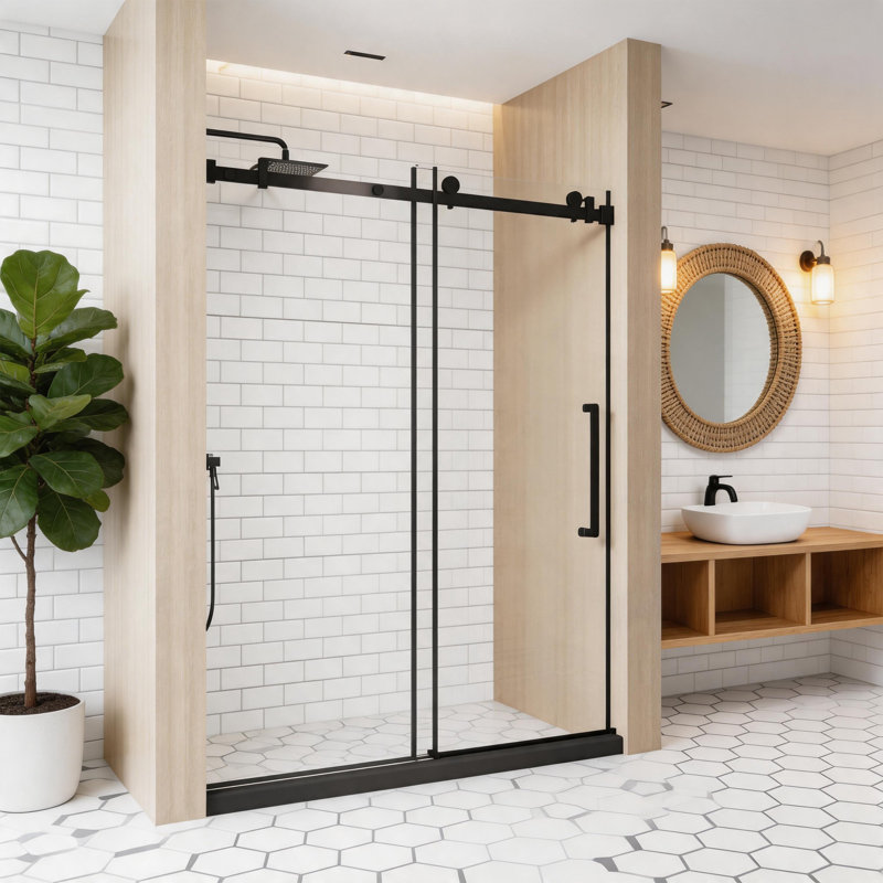 Porte de douche coulissante sans cadre l 56 à 60 po x H 76 po, finition noir mat