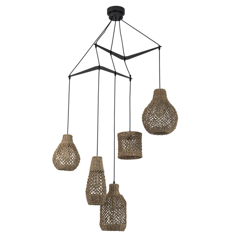 Claven 5-Light Seagrass Pendant Light Modern Linear Chandelier With Natural Shade In Matte Black