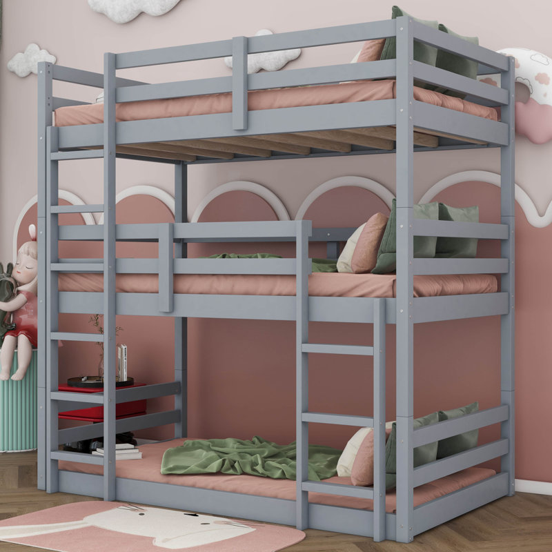 Twin Triple Rubber Wood Bunk Bed, With Ladders, Gray