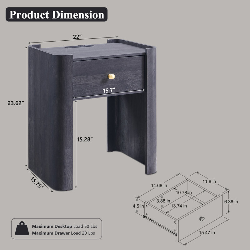  Modern Wood Nightstand with Charging Station & Storage Drawer, 23.6" Tall Curved Bedside Table, Gray