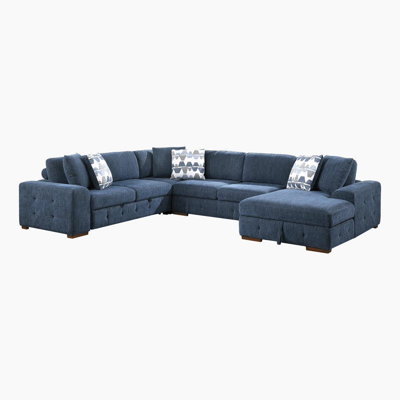 Odesser 5-Piece Chenille Sectional Sofa Sleeper with Chaise and Storage Ottoman, Blue Chenille, Right Hand Facing