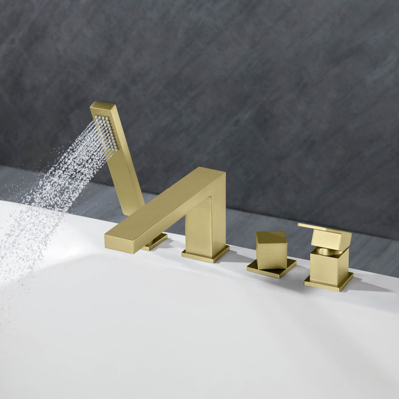 Cube Deck Tub Filler with Diverter, Brushed Gold