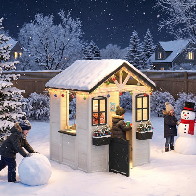 All Spruce Outdoor Kids Playhouse, Wooden Playhouse With Kitchen For Ages 3-8, White
