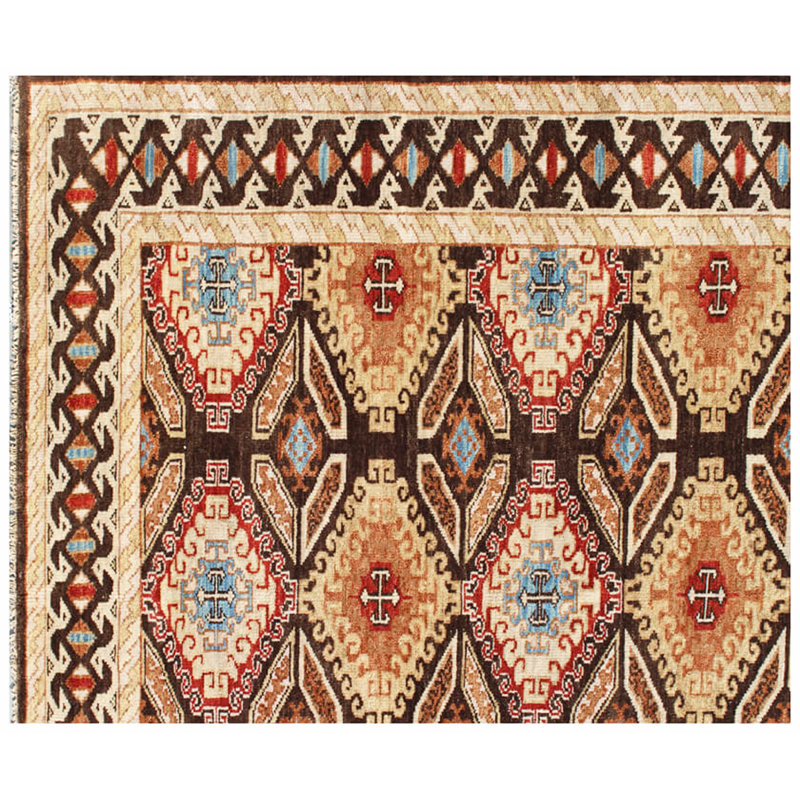 Hand Knotted Multi Brown Wool Area Rug – Handmade Tribal Geometric Diamond Design with Decorative Border, Rectangle 8' x 10'