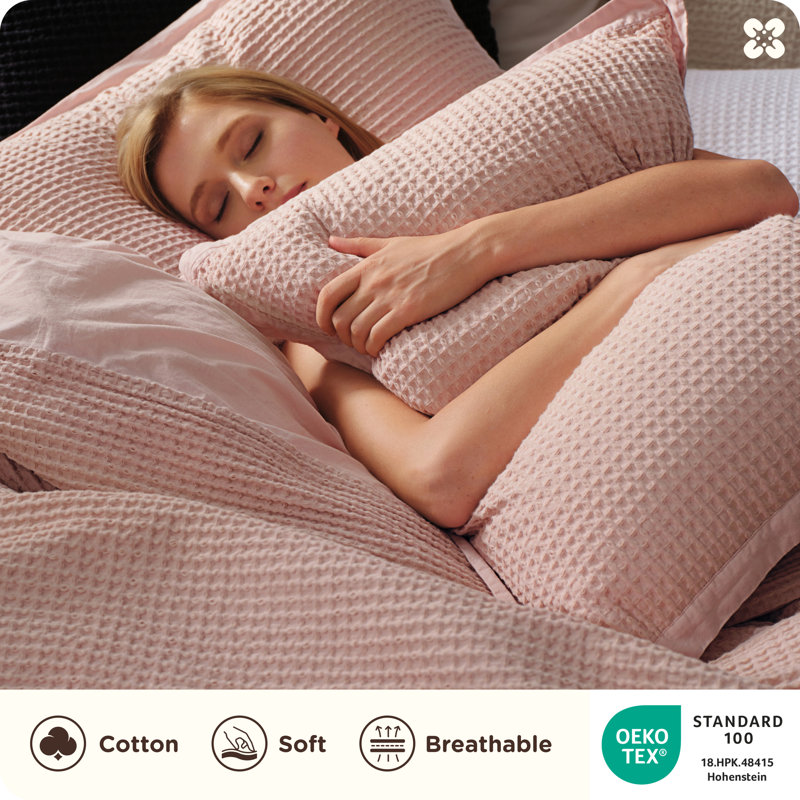 Essential Collection 100% Cotton Waffle Weave Duvet Cover Set, Pink, King Duvet Cover + 2 King Shams
