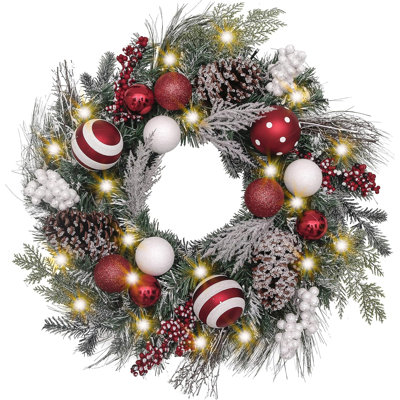Couronne de Noël pré-éclairée 24 pouces pour porte d'entrée avec lumières Valery Madelyn, grande couronne de Noël avec boule de Noël rouge et blanche