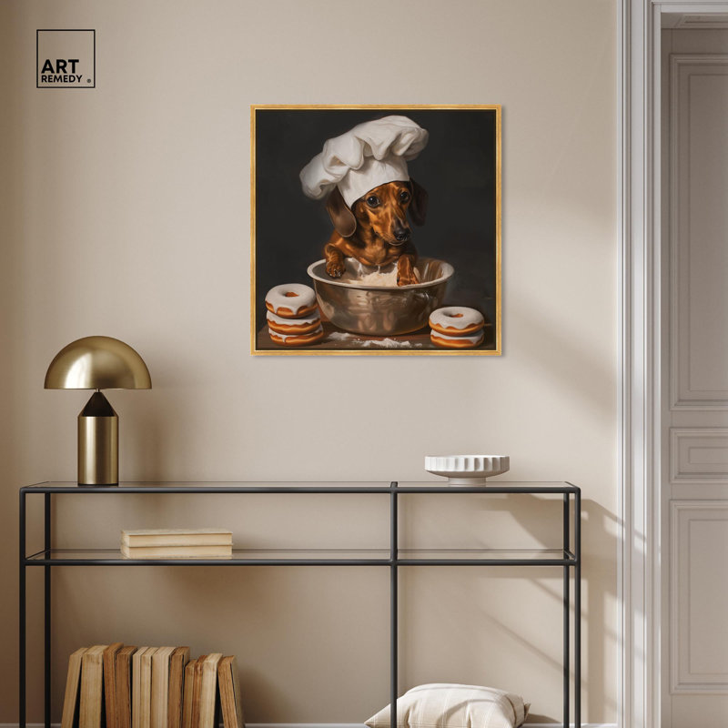 «Dachshund Sugar Donuts Canvas» par Art Remedy, Cadre flottant doré, H 25 po x l 25 po x P 1,8 po