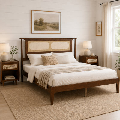 Ensemble de chambre à coucher 3 pièces, lit plateforme en bois massif avec tête de lit en rotin et 2 tables de chevet avec tiroir et étagères