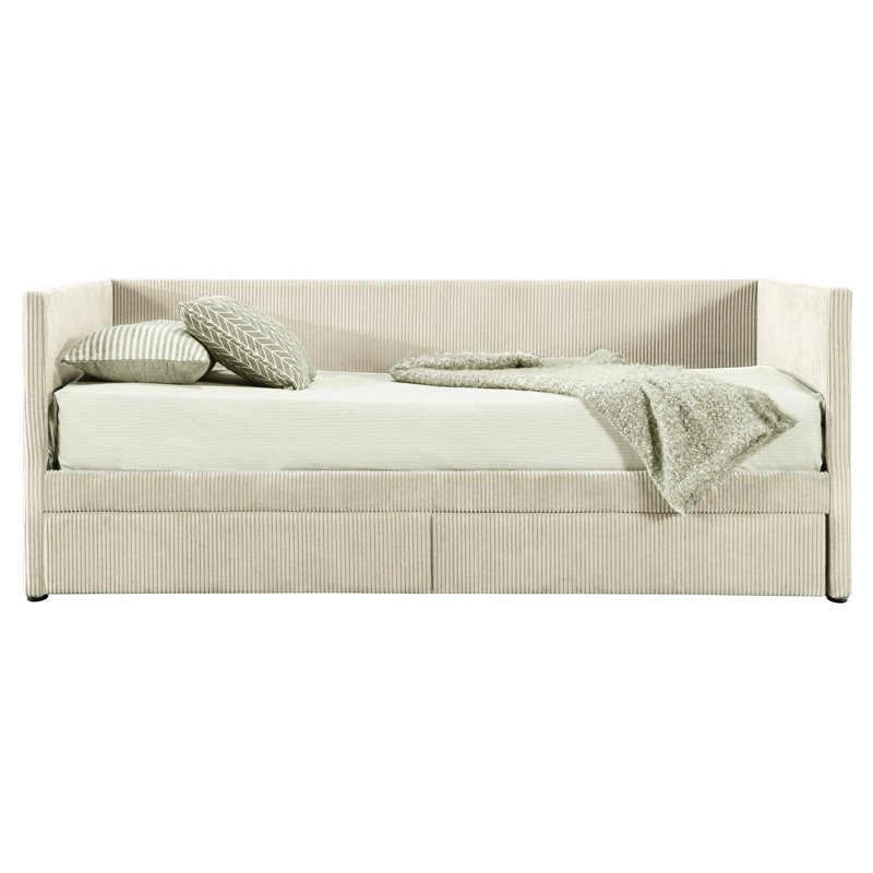 Lit de jour beige en velours côtelé avec deux tiroirs fonctionnels et lattes de bois - Mobilier de chambre à coucher simple dans un tiroir polyvalent