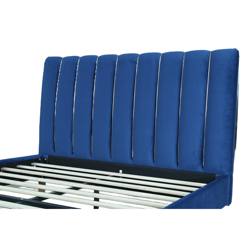 Lit plateforme tapissier Carmesa, Double, Bleu marine