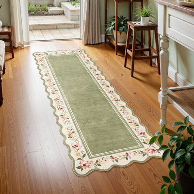  Floral Scalloped Rug Vintage Boho Washable Area Rug Soft Bedroom Rugs Non-Slip Throw Carpet