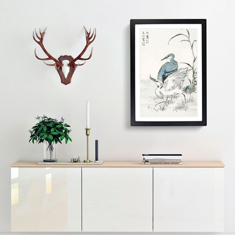 Heron & Egret by Numata Kashu - Picture Frame Painting Print, 65cm H x 48cm W x 2cm D, Black Framed
