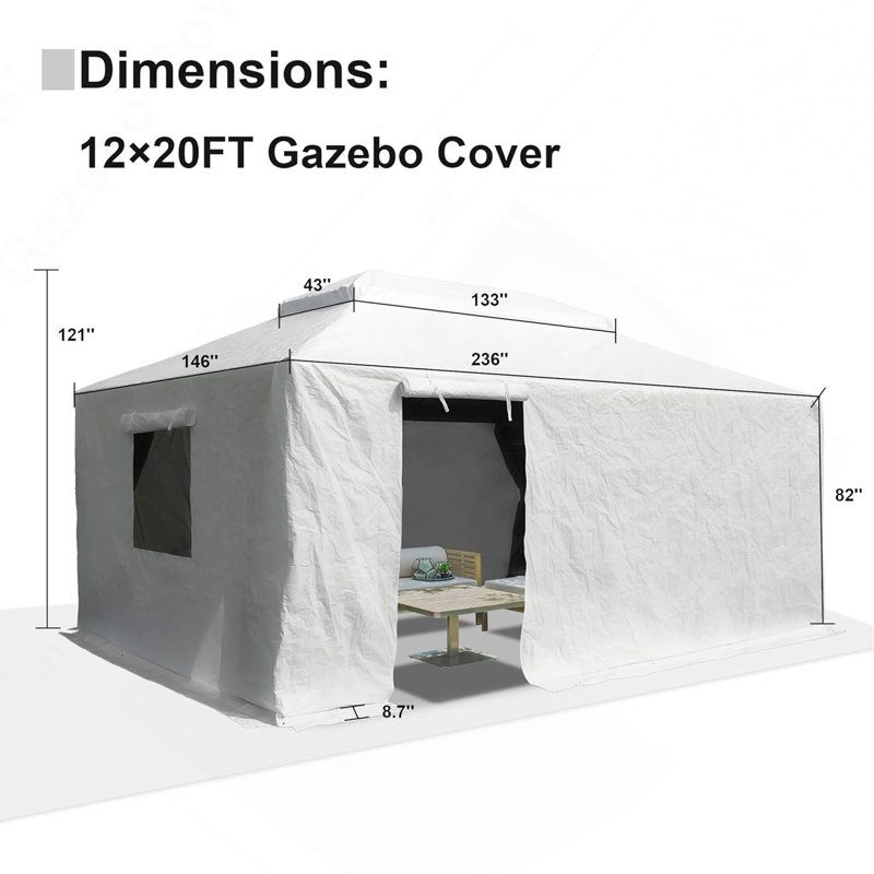12'X20' Gazebo Cover For Hardtop Gazebos, Outdoor Universal Winter Gazebo Cover With Sidewalls And Mesh Windows, All Season Waterproof Enclosed Gazebo Cover, White
