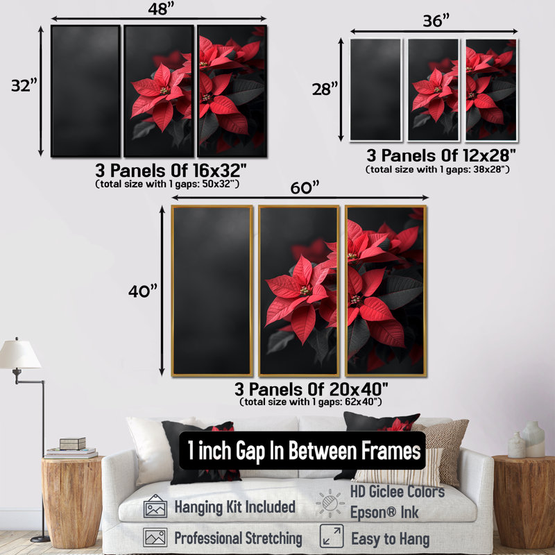 Glaude - Ensemble de décoration murale poinsettias, Toile naturelle avec cadre flottant, H 40 po x l 60 po x P 1 po