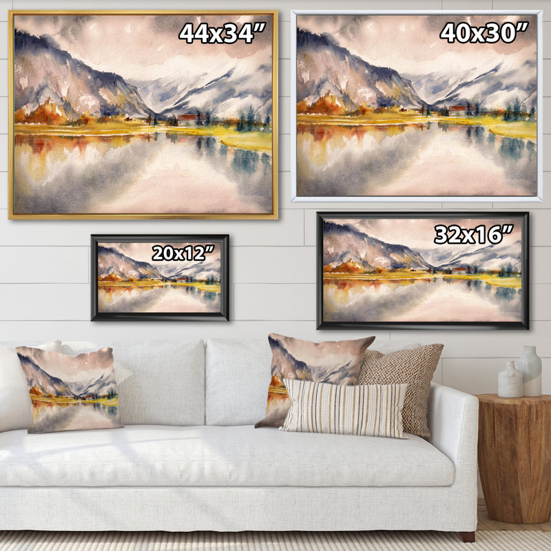 Paysage d'automne avec le ciel reflété sur le lac - Peinture sur toile, H 30 po x l 40 po, Cadre flottant noir