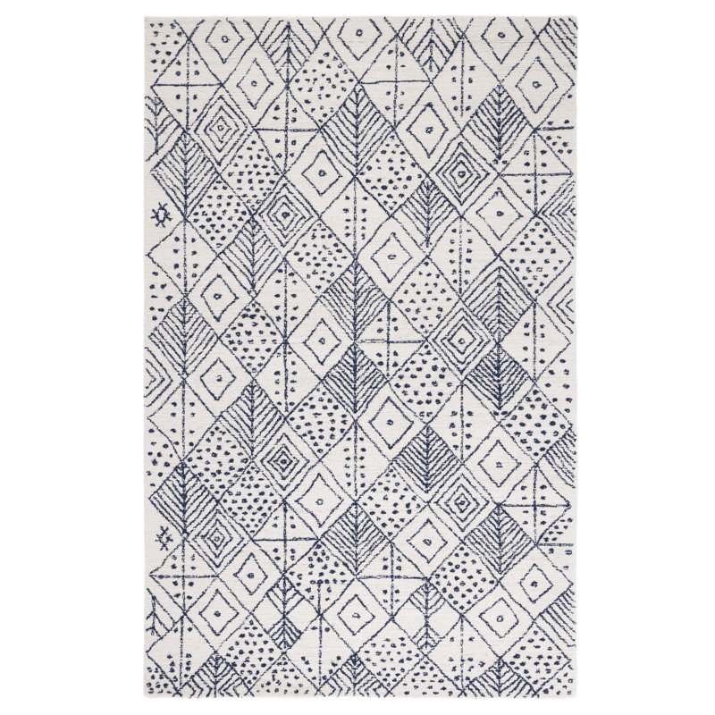 Anaistacia Hand Tufted Wool/Cotton Geometric Rug in Ivory/Blue, Rectangle 3' x 5'