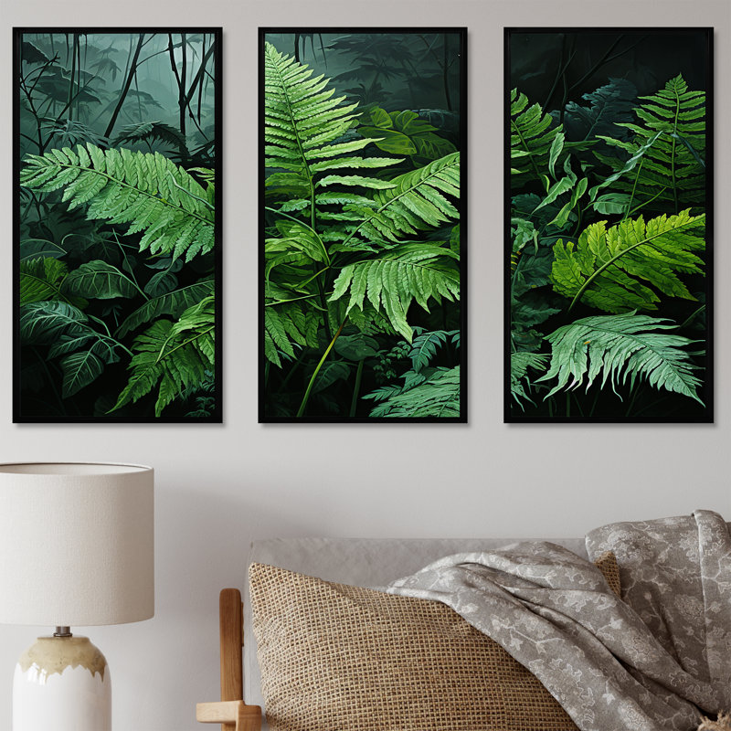 Ensemble de décorations murales Emerald Green Ferns Forest II - Plants, Cadre flottant noir, H 32 po x l 48 po x P 1 po