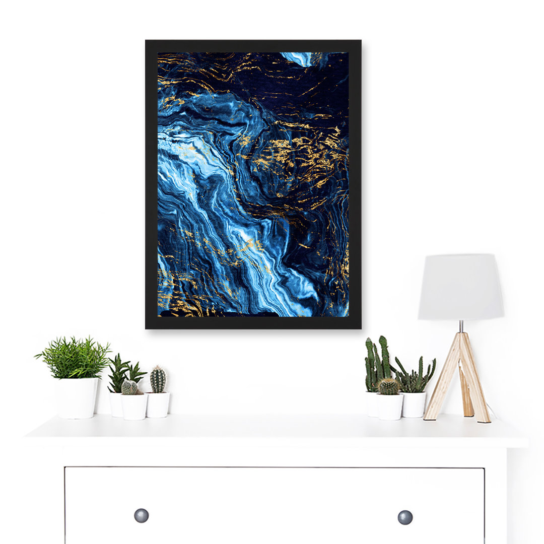 Abstract Dark Blue Gold Pour Watercolour Modern - Single Picture Frame Print