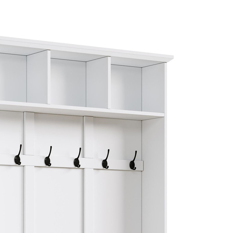 3-In-1 Hall Tree With 6 Hooks,  Storage Bench  Multiple Storage Space, White