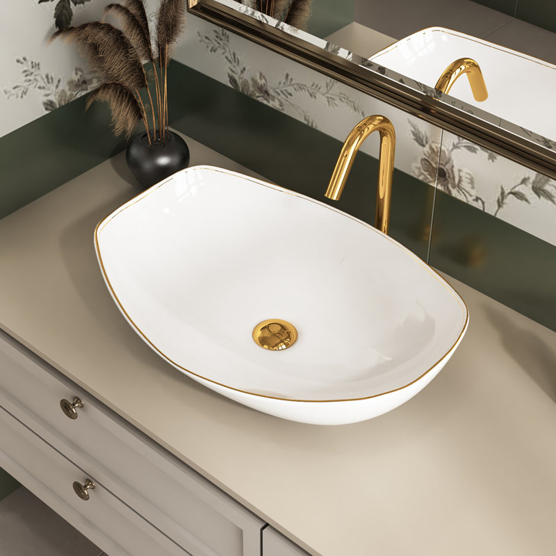 MEJE 22 inch LUXURY Gold Rim Above Counter Oval Vessel Bathroom Sink, Porcelain Ceramic Vessel Vanity Sink, Art Basin