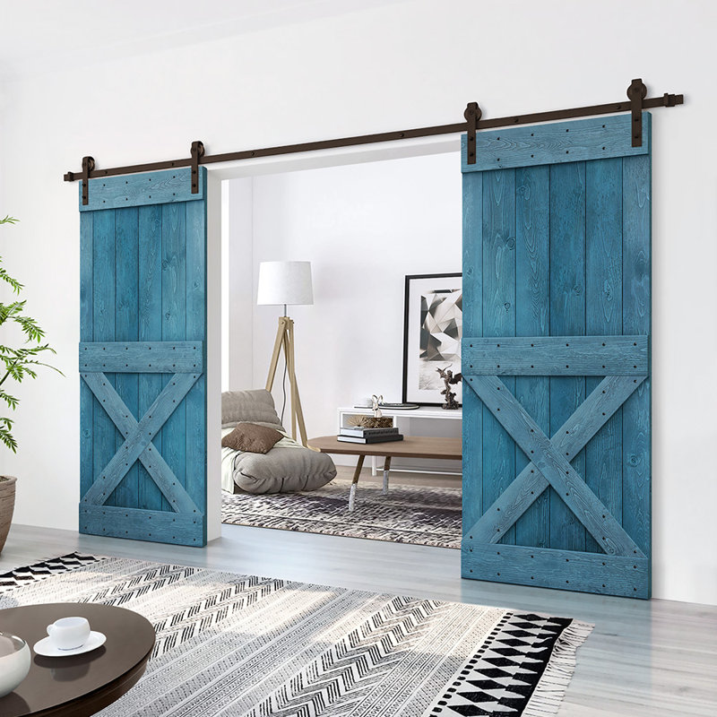 Porte de grange à panneaux et en bois avec quincaillerie d'installation, 40 po x 84 po, Bleu