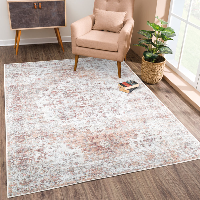 Tapis traditionnel lavable antidérapant - ivoire / rosé pour vestibule, couloir, salle de bain et cuisine - Fennimore