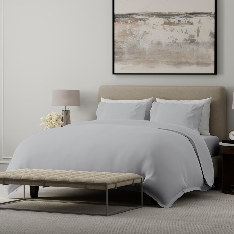 Elladine 400TC 100% Cotton Sateen Duvet Set, Single Duvet Cover + 1 Standard Pillowcase, Light Grey