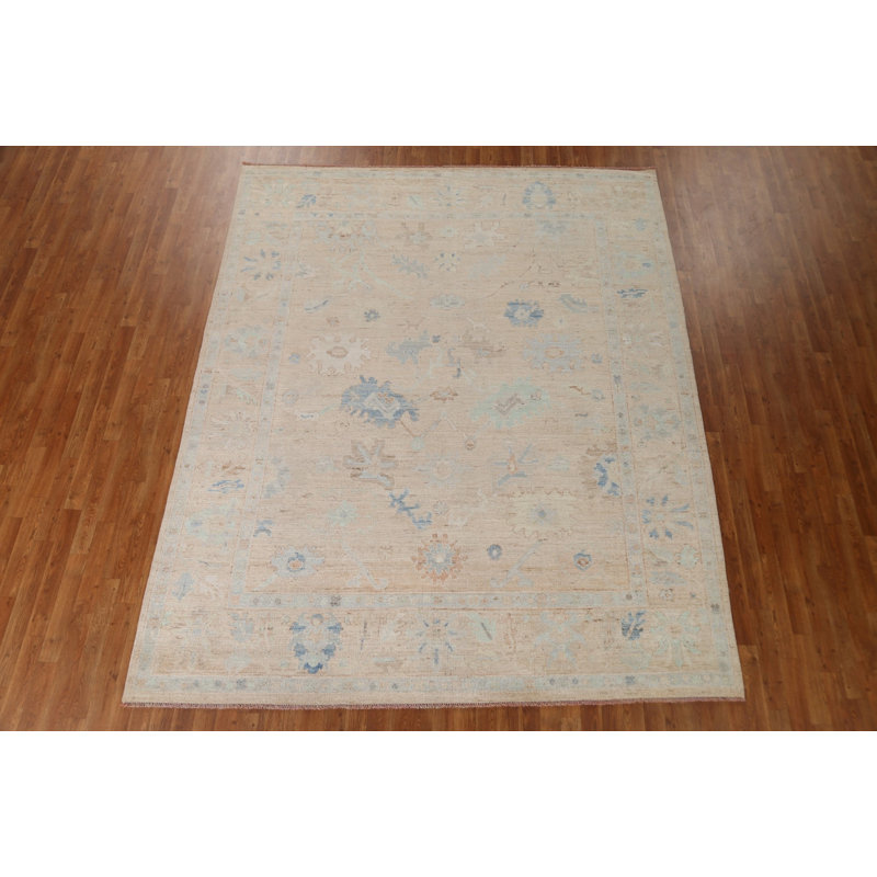 Tapis beige en laine noué à la main de conception unique 8 pi 2 po x 9 pi 10 po New Age