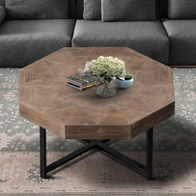Wood Octagonal Vintage Patchwork Craft Farmhouse 30 Inch Wooden Table Top Cross Metal Legs Coffee Table