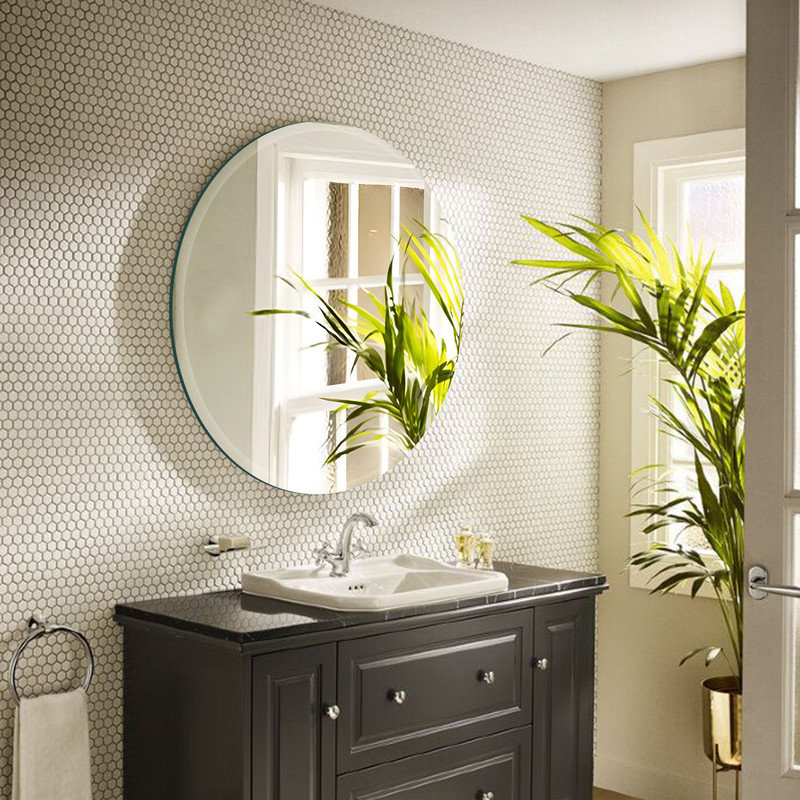 Miroir de salle de bain rond biseauté sans cadre pour mur, 30 po x 30 po