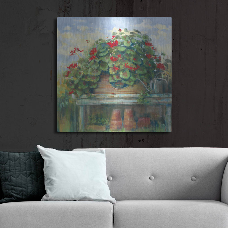 «Geranium Bench Crop» par Carol Rowan, art mural en métal Lark Manor ™, H 36 po x l 36 po